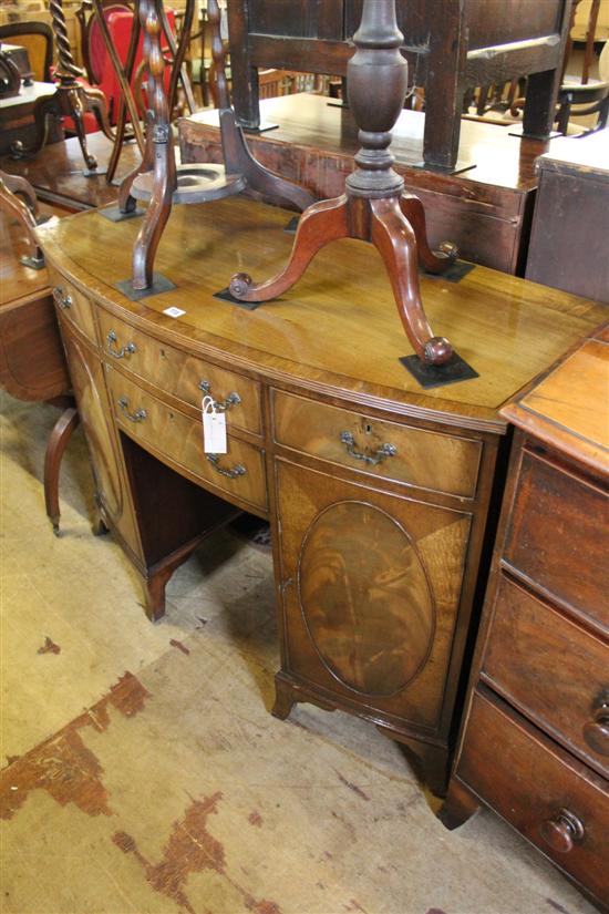 Georgian style mahogany bow-fronted kneehole dwarf side cabinet fitted drawers & cupboards